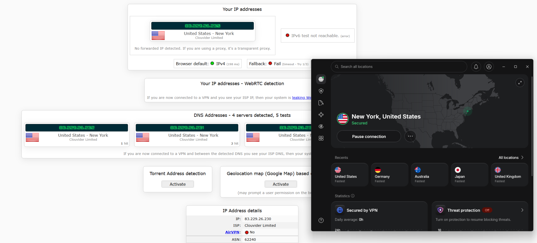 Here is the typical result that the popular ipleak.net